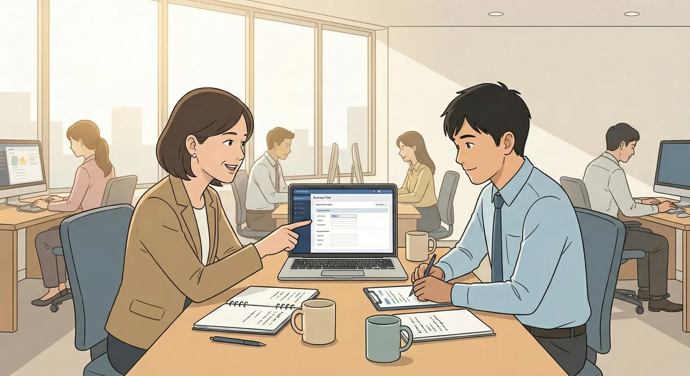 日本のオフィスでメンターと担当者が並走して業務改善に取り組む様子