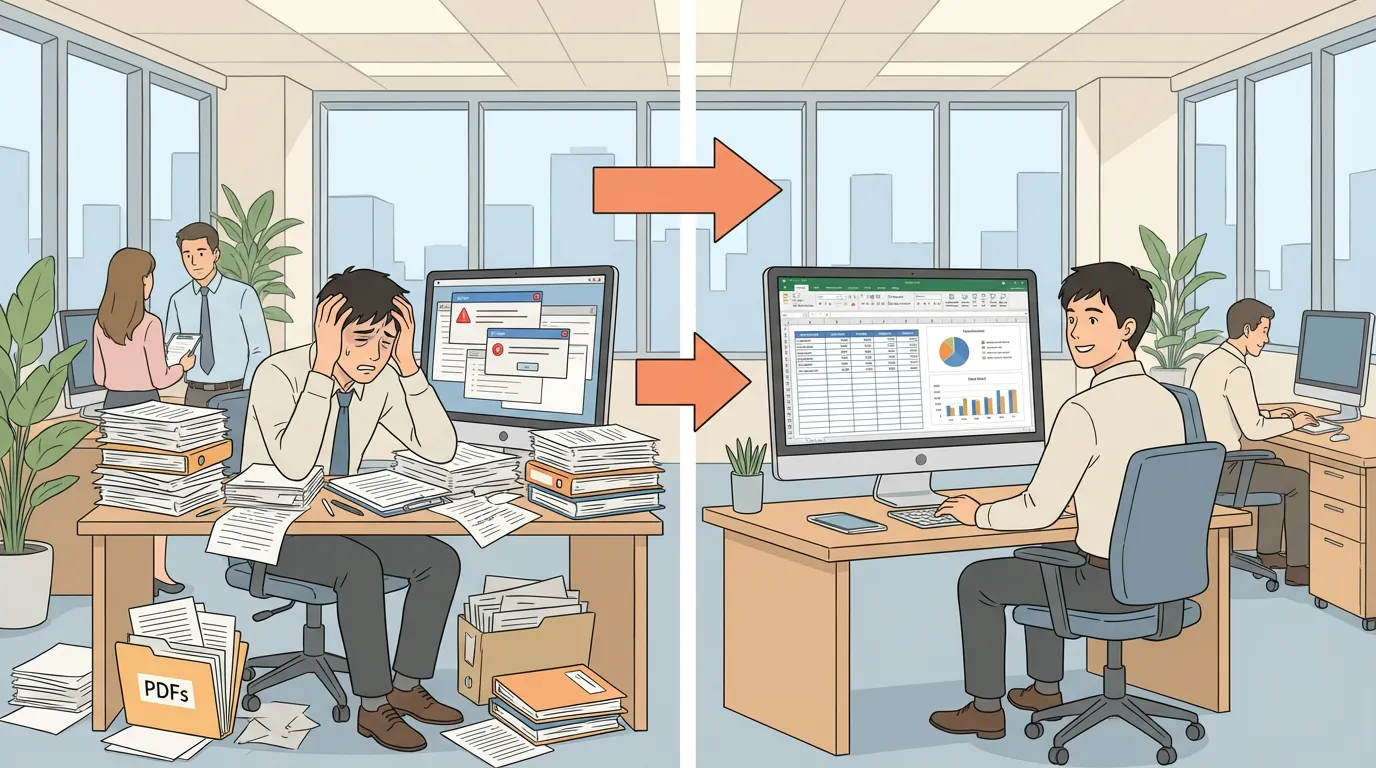 Before/After：左に「紙・PDFが山積み」「Excelに手入力して疲れている事務担当者」、右に「整ったExcel表が自動生成」「笑顔で定時退社できそうな事務担当者」。PDFからExcelへ項目が揃って出力されるイメージ図