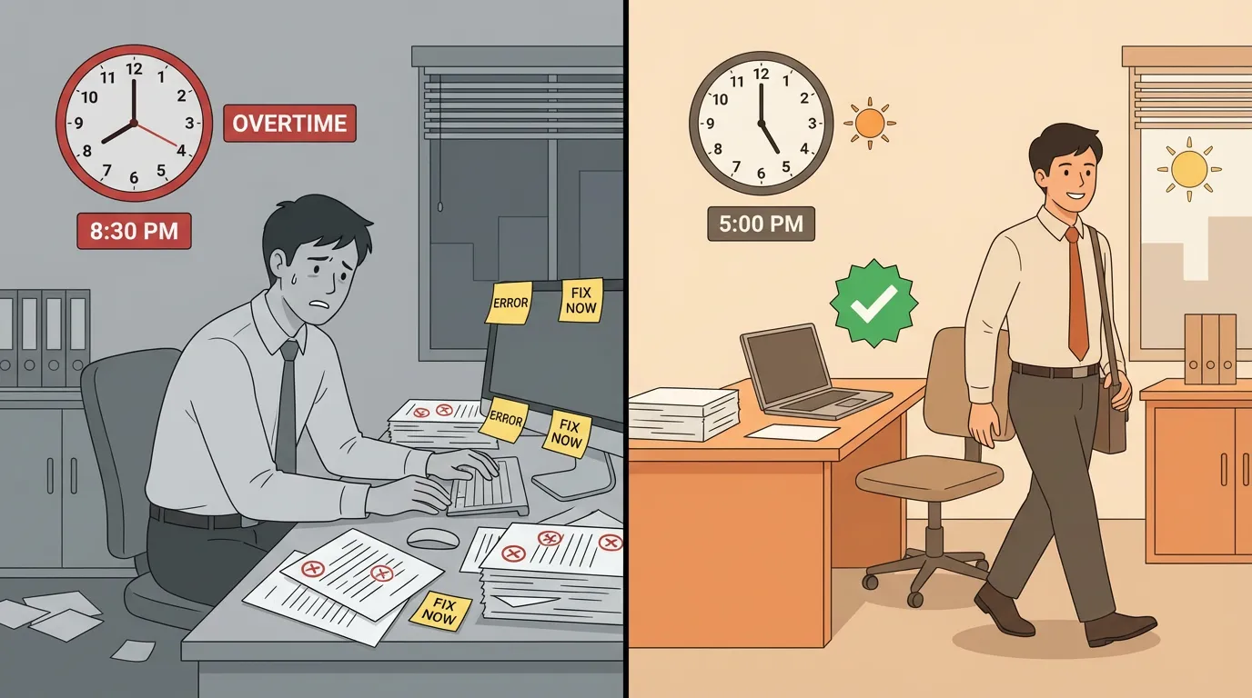 ビフォーアフターの小さなストーリー：残業→定時、ミスの付箋→チェック完了、紙の山→整理されたデータ