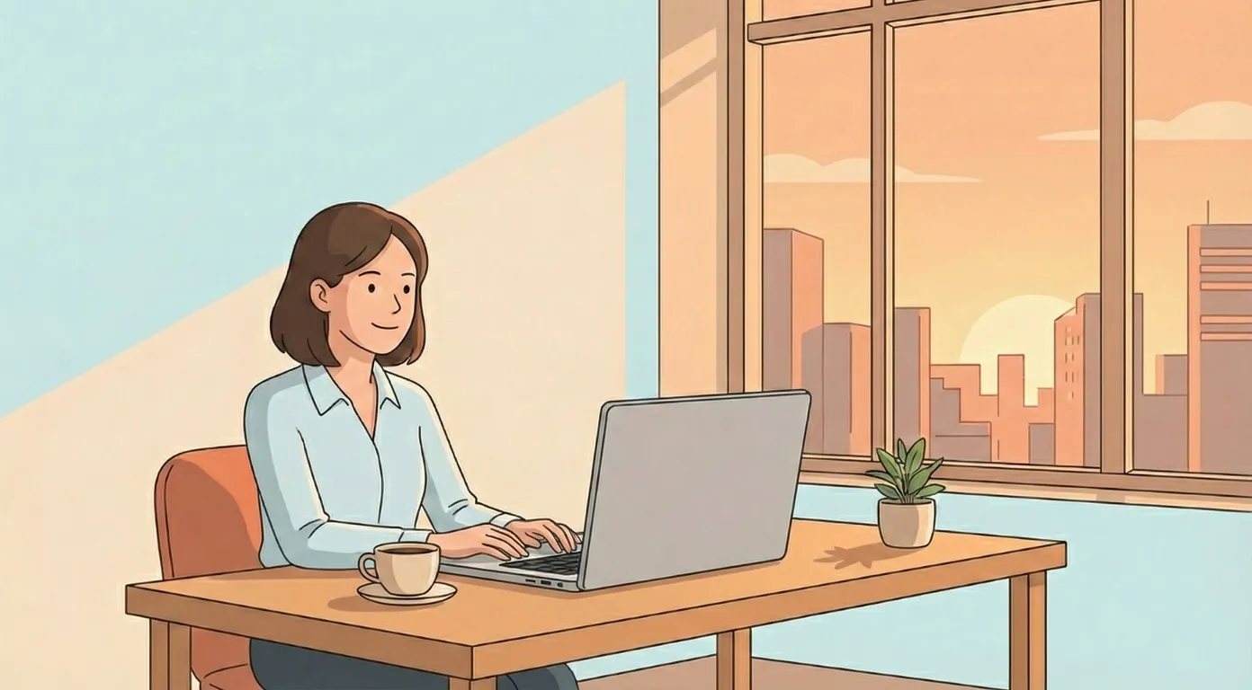 ゴールの絵：整理されたデータと、すっきりしたデスク、笑顔の事務担当者、夕方の定時退社の雰囲気が伝わるビジュアル