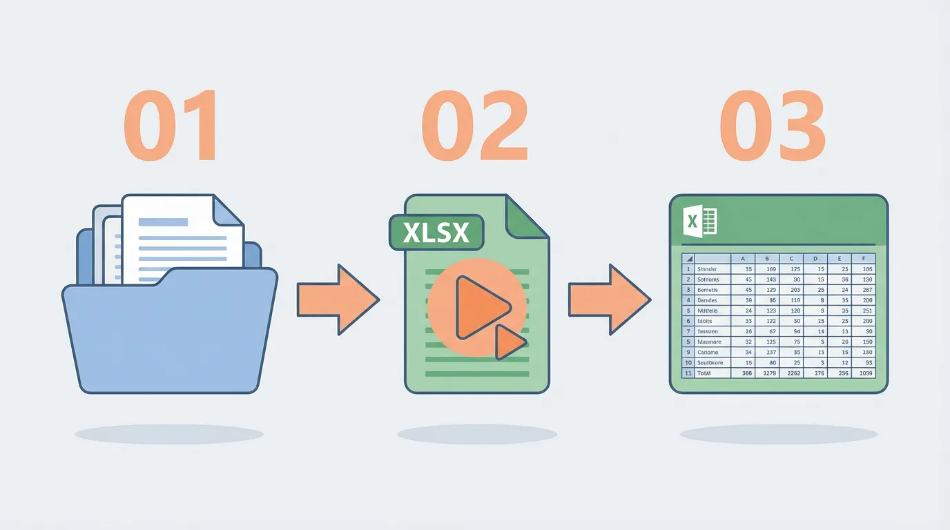 3ステップ図：フォルダアイコン→Excelマクロボタン→Excelシートにデータ蓄積（アイコン＋短いラベル）