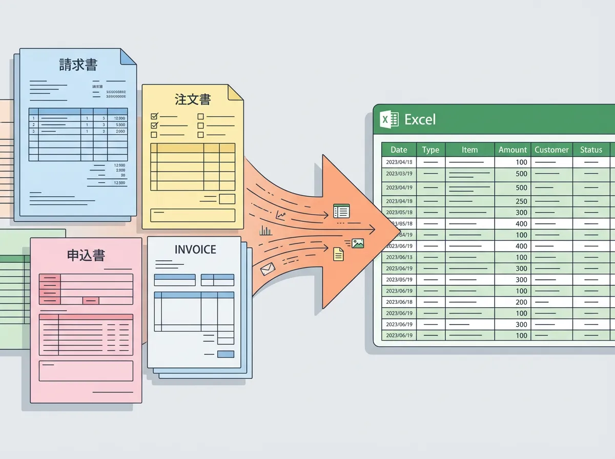 書類アイコンの集合：請求書/注文書/申込書の見た目がそれぞれ違う紙が並び、矢印の先で同じExcel表にまとまる様子