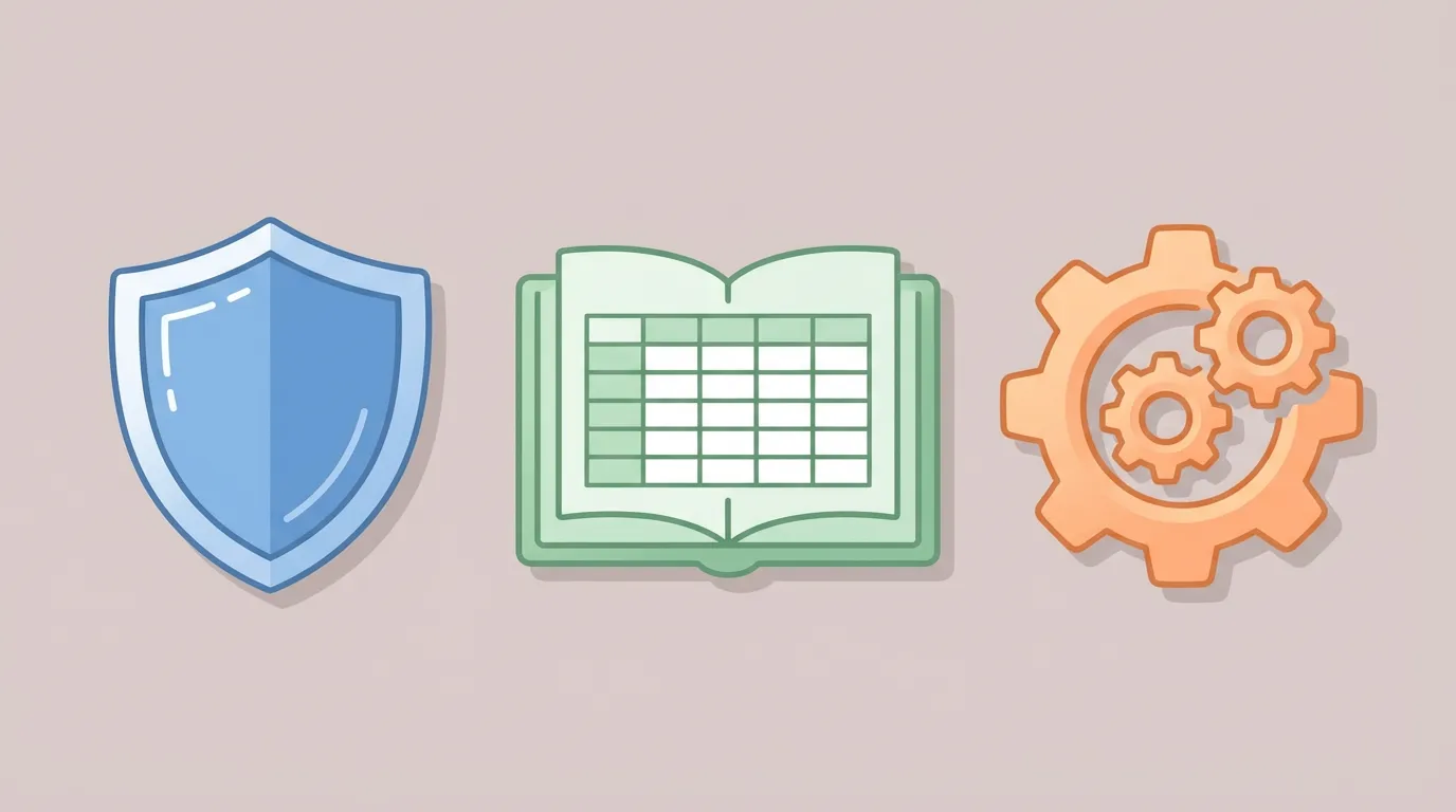 盾/チェック/歯車/表のアイコンで「強い・簡単・実務向け」を視覚化したデザイン